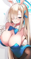 Rule 34 | 1girl, absurdres, animal ears, arm under breasts, asuna (blue archive), asuna (bunny) (blue archive), black pantyhose, blonde hair, blue archive, blue bow, blue bowtie, blue eyes, blue halo, blue leotard, blush, bow, bowtie, breasts, cleavage, commentary request, cowboy shot, detached collar, fake animal ears, fake tail, gloves, grin, hair over one eye, halo, hand up, highres, huge breasts, leotard, long hair, looking at viewer, mole, mole on breast, official alternate costume, one eye covered, pantyhose, playboy bunny, rabbit ears, rabbit tail, simple background, smile, solo, strapless, strapless leotard, tail, usa otome, white background, white gloves