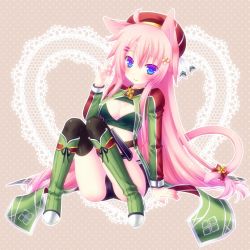 Rule 34 | 1girl, animal ears, bad id, bad pixiv id, beret, black thighhighs, blue eyes, blush, boots, bow, cat ears, cat tail, cleavage cutout, clothing cutout, crop top, flower knight girl, full body, green footwear, haineko (die verschwand), hair ornament, hairclip, hanamizuki (flower knight girl), hat, kemonomimi mode, knee boots, long hair, looking at viewer, midriff, nail polish, pink hair, red bow, red hat, short shorts, shorts, sitting, smile, solo, tail, tail bow, tail ornament, thighhighs, thighhighs under boots