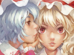 Rule 34 | 2girls, bad id, bad pixiv id, blonde hair, blue hair, close-up, female focus, flandre scarlet, head rest, jitome, kachou, lips, looking away, multiple girls, parted lips, profile, red eyes, remilia scarlet, siblings, silver hair, sisters, touhou, wrist cuffs