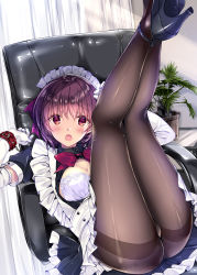 Rule 34 | 1girl, :o, apron, ass, bad id, bad pixiv id, black pantyhose, black shirt, blush, bound, bound wrists, bra, breasts, brown hair, chair, cleavage, curtains, day, elbow gloves, frilled apron, frills, gloves, hands up, high heels, highres, indoors, kobayashi chisato, legs, legs together, legs up, looking at viewer, lying, maid, maid headdress, medium breasts, office chair, on back, open clothes, open mouth, open shirt, original, panties, panties under pantyhose, pantyhose, plant, potted plant, pumps, red eyes, shirt, shoes, short hair, solo, swivel chair, thighband pantyhose, thighs, underwear, white bra, white gloves