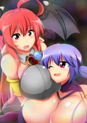 Rule 34 | 2girls, amulet, armlet, between breasts, blush, breasts, demon girl, demon tail, demon wings, earth (planet), fang, giant, giantess, head between breasts, head wings, huge breasts, huge giantess, mgear, moralgear, multiple girls, naughty face, pointy ears, purple hair, red eyes, red hair, smile, tail, twintails, wing collar, wings, yuri