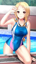 Rule 34 | 1girl, ahoge, barefoot, blue one-piece swimsuit, breasts, brown hair, closed mouth, collarbone, competition school swimsuit, competition swimsuit, covered navel, day, doukyuusei 2, doukyuusei another world, game cg, large breasts, long hair, maijima karen, official art, one-piece swimsuit, on one knee, outdoors, pool, poolside, red eyes, school swimsuit, smile, solo, sparkle, sunlight, swimsuit