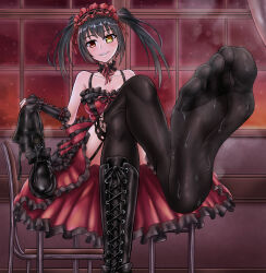 Rule 34 | 1girl, absurdres, black hair, black thighhighs, boots, crossed legs, date a live, feet, garter straps, heterochromia, highres, light blush, long hair, looking at viewer, parted lips, red eyes, see-through, see-through legwear, shoes, soles, steam, sweat, thighhighs, toes, tokisaki kurumi, twintails, unworn boots, unworn shoes, yellow eyes