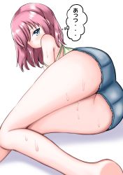Rule 34 | 1girl, absurdres, ass, barefoot, blue eyes, blush, denim, denim shorts, dripping, etitie wokaku 151, highres, hot, looking at viewer, looking back, lying, on side, original, pink hair, short shorts, shorts, shoulder strap, strap slip, summer, sweat, thighs, thought bubble, translated, white background