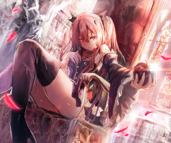 Rule 34 | 10s, 1girl, amamitsu kousuke, apple, bad id, bad pixiv id, bare shoulders, black dress, black thighhighs, boots, chair, detached sleeves, dress, food, fruit, high heel boots, high heels, krul tepes, long hair, long sleeves, owari no seraph, pink hair, pointy ears, red eyes, sitting, solo, stained glass, thigh boots, thighhighs, thighs, two side up, very long hair, wide sleeves