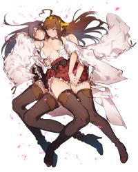 Rule 34 | 10s, 2girls, ahoge, arm up, between legs, black hair, black legwear, boots, breasts, brown eyes, brown hair, closed mouth, frill trim, frills, full body, hair between eyes, hair ornament, hairband, hairclip, hand between legs, haruna (kancolle), headgear, high heel boots, high heels, highres, ikarin, kantai collection, kongou (kancolle), large breasts, lying, multiple girls, nipple slip, nipples, on back, open clothes, open shirt, petals, purple eyes, ribbon-trimmed sleeves, ribbon trim, shirt, sidelocks, skirt, smile, thigh boots, thighhighs, transparent background, wide sleeves, yuri