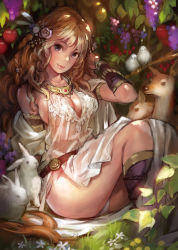 Rule 34 | 1girl, bird, blonde hair, braid, breasts, rabbit, cleavage, deer, food, fruit, grapes, hair ornament, jewelry, large breasts, long hair, looking at viewer, matsuda (matsukichi), necklace, original, see-through, sitting, smile, solo, very long hair
