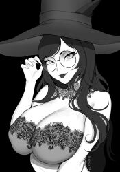 Rule 34 | 1girl, adjusting eyewear, artist name, bare shoulders, brassica, breasts, cleavage, commission, detached collar, floral print, glasses, greyscale, hand up, hat, huge breasts, lips, long eyelashes, long hair, monochrome, original, round eyewear, solo, upper body, witch hat