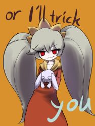 Rule 34 | 1girl, alternate hair color, artist request, ashley (warioware), big hair, closed mouth, collarbone, dot nose, dress, english text, eyebrows, female focus, hair between eyes, hairband, halloween, highres, holding, holding stuffed toy, long hair, long sleeves, looking at viewer, nintendo, orange background, orange hairband, orange neckwear, red dress, red eyes, sidelocks, simple background, solo, standing, stuffed animal, stuffed rabbit, stuffed toy, twintails, v-shaped eyebrows, warioware, white hair