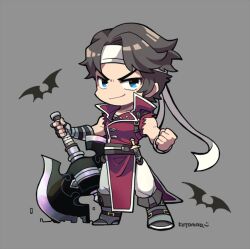 Rule 34 | 1boy, alternate color, axe, bat (animal), blue eyes, boots, castlevania (series), clenched hand, coat, dagger, full body, grey background, grey footwear, grey hair, hairband, holding, holding axe, knife, kotorai, male focus, no nose, pants, red coat, richter belmont, sheath, sheathed, smile, torn clothes, torn sleeves, weapon, white hairband, white pants