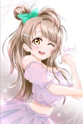 Rule 34 | 1girl, artist name, artist request, bare shoulders, blush, bow, breasts, brown eyes, brown hair, collarbone, dress, female focus, green bow, grey hair, hair bow, hair ornament, highres, light brown hair, long hair, looking at viewer, love live!, love live! school idol project, medium breasts, minami kotori, one eye closed, parted lips, puffy short sleeves, puffy sleeves, purple dress, purple skirt, short sleeves, skirt, smile, solo, white background, wing hair ornament, yaah--