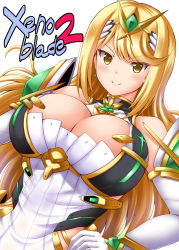 Rule 34 | 1girl, armor, bare shoulders, blonde hair, blush, breasts, cleavage, copyright name, dress, elbow gloves, gloves, headgear, large breasts, long hair, looking at viewer, mythra (xenoblade), nintendo, sleeveless, smile, solo, utanone shion, xenoblade chronicles (series), xenoblade chronicles 2, xenoblade chronicles (series), xenoblade chronicles 2, yellow eyes