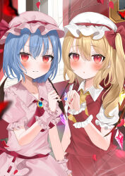 Rule 34 | 2girls, :o, absurdres, bat wings, blonde hair, blue hair, bug, butterfly, dress, falling petals, flandre scarlet, hat, highres, insect, multiple girls, okome2028, petals, pink dress, ponytail, red eyes, remilia scarlet, siblings, sisters, touhou, wings, wrist cuffs