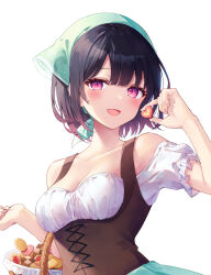 Rule 34 | 1girl, absurdres, bare shoulders, black hair, blush, breasts, commentary request, cookie, corset, dress, food, hair ornament, highres, holding, holding cookie, holding food, looking at viewer, medium breasts, off-shoulder shirt, off shoulder, open mouth, red eyes, satou koharu, shio taiou no satou-san ga ore ni dake amai, shirt, short hair, simple background, smile, solo, tetsu tissue, white background