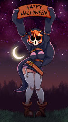 Rule 34 | 1girl, arms up, belt, boots, borrowed character, contrapposto, crescent moon, english text, full body, garter straps, genderswap, genderswap (mtf), halloween, highres, hollow eyes, hood, hoodie, mario (series), mask, moon, multiple belts, nintendo, orange hair, pigeon-toed, plague of gripes, short hair, shy gal, shy guy, sign, sleeves past wrists, solo, standing, thighhighs, toon (style), white thighhighs