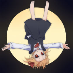 Rule 34 | 1girl, barefoot, blonde hair, circle, hair ribbon, hidarikata, outstretched arms, red eyes, ribbon, rumia, shirt, short hair, skirt, smile, solo, spread arms, touhou, upside-down, vest