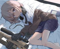 Rule 34 | 1girl, barefoot, bed, bed sheet, black gloves, blue skirt, bolt action, brown hair, brown jacket, calculator, cheytac m200, earmuffs, earmuffs around neck, girls&#039; frontline, gloves, gun, highres, holding, holding gun, holding weapon, indoors, jacket, legs, long sleeves, looking at viewer, lying, m200 (girls&#039; frontline), ma40414, on side, open mouth, polo shirt, ponytail, purple eyes, rifle, shirt, skirt, sniper rifle, sunlight, teeth, weapon, white shirt