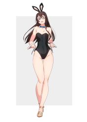 Rule 34 | 1girl, animal ears, bare legs, bare shoulders, black hair, black leotard, blue bow, blue bowtie, blush, bow, bowtie, breasts, collarbone, commentary request, detached collar, fake animal ears, glasses, grey eyes, groin, hair between eyes, highleg, highres, holding, kantai collection, leotard, long hair, looking at viewer, ooyodo (kancolle), open mouth, playboy bunny, rabbit ears, semi-rimless eyewear, shoes, side-tie leotard, simple background, small breasts, solo, standing, strapless, strapless leotard, thigh gap, under-rim eyewear, wrist cuffs, yuuji (and)