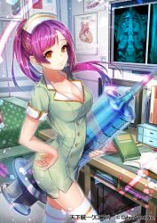 Rule 34 | 1girl, bed, blonde hair, book, breasts, cleavage, hand on own hip, hat, large breasts, long hair, nurse, nurse cap, official art, oversized object, ponytail, purple hair, short sleeves, sila (carpen), smile, solo, syringe, table, tenka touitsu chronicle, thighhighs, white thighhighs, x-ray