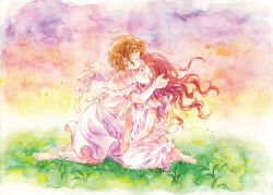 Rule 34 | 2girls, angel, bare shoulders, barefoot, blue eyes, brown hair, closed eyes, closed mouth, collarbone, dress, falling leaves, feathered wings, grass, halo, hand on another&#039;s head, hand up, kiss, kissing forehead, leaf, long hair, looking at another, moekon, multicolored sky, multiple girls, original, outdoors, painting (medium), plant, profile, purple dress, red hair, short hair, sky, strapless, strapless dress, traditional media, two-tone dress, watercolor (medium), white dress, white wings, wings, yuri