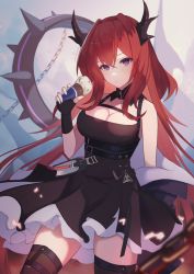 Rule 34 | 1girl, arknights, bare shoulders, black dress, black gloves, black thighhighs, breasts, cleavage, commentary request, cowboy shot, dress, fingerless gloves, food, gloves, hair between eyes, hair intakes, hand up, highres, holding, holding food, horns, ice cream, large breasts, long hair, looking at viewer, off shoulder, partial commentary, purple eyes, red hair, sanukiske, short dress, solo, standing, surtr (arknights), thighhighs, thighs, very long hair