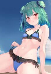 Rule 34 | 1girl, adapted costume, alternate costume, animal print, arm support, beach, bikini, blue bikini, blue hair, blue sky, blurry, blurry background, blush, bow, breasts, bug, butterfly, butterfly-shaped pupils, butterfly print, cloud, collarbone, commentary request, cowboy shot, crotch, double bun, drop earrings, earrings, floating hair, frills, gluteal fold, gradient hair, gradient sky, green hair, green nails, groin, hair bow, hair bun, hair ornament, highres, hololive, insect, jewelry, kurono yuzuko, leaning back, looking at viewer, medium hair, multicolored hair, navel, ocean, red eyes, sand, see-through, sitting, skull, skull earrings, skull hair ornament, sky, small breasts, smile, solo, sunlight, sweat, swimsuit, symbol-shaped pupils, uruha rushia, uruha rushia (1st costume), virtual youtuber