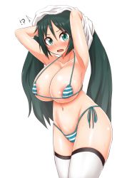 Rule 34 | 10s, 1girl, ^^^, areola slip, armpits, arms behind head, arms up, bikini, blush, breasts, covered erect nipples, curvy, green eyes, green hair, hair between eyes, halterneck, highres, huge breasts, isuzu (kancolle), kantai collection, large breasts, long hair, looking at viewer, matching hair/eyes, micro bikini, navel, open mouth, side-tie bikini bottom, simple background, solo, standing, striped bikini, striped clothes, surprised, sweat, swimsuit, thick thighs, thighhighs, thighs, twintails, undressing, very long hair, white background, white thighhighs, wide hips, yamaori
