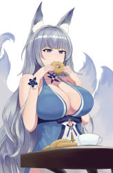Rule 34 | 1girl, absurdres, animal ear fluff, animal ears, azur lane, blue collar, blue dress, breasts, center opening, cocktail dress, collar, cup, doughnut, dress, eating, evening gown, food, fox ears, halter dress, halterneck, highres, holding, holding food, huge breasts, kitsune, kyuubi, large tail, long hair, multiple tails, official alternate costume, purple eyes, ruan weidao, shinano (azur lane), shinano (dreams of the hazy moon) (azur lane), silver hair, sitting, sleeveless, sleeveless dress, solo, tail, very long hair, white tail, wrist flower