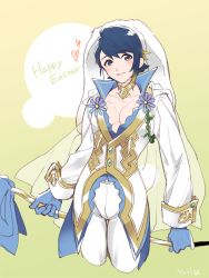 Rule 34 | 1boy, alfonse (fire emblem), animal ears, blue hair, easter, fake animal ears, fire emblem, fire emblem heroes, green background, male focus, nintendo, official alternate costume, pants, pectorals, rabbit ears, simple background, smile, solo, spoon, white pants, yurige