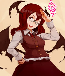 Rule 34 | 1girl, ;d, arm up, bat wings, bespectacled, buttons, collared shirt, commentary request, dress shirt, eyelashes, glasses, hair between eyes, hand on own hip, happy, head tilt, head wings, inugami akito, koakuma, long hair, long sleeves, low wings, necktie, one eye closed, open mouth, red eyes, red hair, salute, semi-rimless eyewear, shirt, simple background, skirt, skirt set, smile, solo, tan background, touhou, vest, white shirt, wings