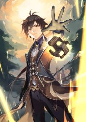 Rule 34 | 1boy, black gloves, black hair, brown hair, closed mouth, cloud, cloudy sky, earrings, formal, genshin impact, gloves, glowing, hair between eyes, highres, holding, holding weapon, jacket, jewelry, long hair, long sleeves, looking at viewer, male focus, multicolored hair, polearm, ponytail, rock, shimotsuki shio, single earring, sky, solo, spear, suit, weapon, yellow eyes, zhongli (genshin impact)