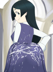 Rule 34 | 1girl, absurdres, ass, back, backboob, barbara parker, black eyes, black hair, breasts, cum, cum on ass, cum on back, cum on clothes, female focus, highres, little witch academia, looking at viewer, looking back, medium breasts, oksandio, smile, solo