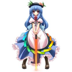Rule 34 | 1girl, blue hair, blush, boots, dress, female focus, food, fruit, full body, hat, highres, hinanawi tenshi, long hair, peach, rappa (rappaya), red eyes, smile, solo, stone, sword, sword of hisou, touhou, transparent background, weapon