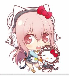 Rule 34 | 2girls, animal ears, blush, bow, breasts, cat ears, chibi, cosplay, crossover, headphones, hello kitty, hello kitty (character), highres, long hair, looking at viewer, multiple girls, nitroplus, no mouth, open mouth, pink eyes, pink hair, red eyes, sanrio, smile, super sonico, super sonico (cosplay), yuupon