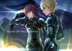 Rule 34 | 00s, 2boys, alternate hairstyle, armor, black eyes, black hair, blonde hair, blue eyes, body armor, bodysuit, crossover, drivesuit, flynn scifo, jaeger (pacific rim), legendary pictures, male focus, motoko (ambiy), multiple boys, outdoors, pacific rim, pan pacific defense corps, ponytail, science fiction, sky, smile, tales of (series), tales of vesperia, yuri lowell