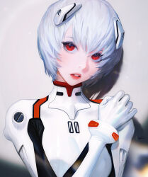 Rule 34 | 1girl, ayanami rei, blue hair, bodysuit, breasts, commentary, etama quomo, hair between eyes, hairpods, hand on own shoulder, interface headset, looking at viewer, medium breasts, neon genesis evangelion, parted lips, pilot suit, plugsuit, red eyes, short hair, simple background, solo, white background, white bodysuit