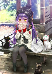 Rule 34 | + +, 1girl, animal, bag, baozi, bell, bench, black cat, black footwear, black scarf, black skirt, blonde hair, blurry, blurry background, blush, brown cat, brown eyes, brush, cat, collar, colored sclera, cover, cover page, eating, fingernails, food, green sclera, hair between eyes, holding, holding food, kubota masaki, long hair, neck bell, novel cover, novel illustration, official art, original, outdoors, pantyhose, plant, purple hair, red collar, scarf, sitting, skirt, sleeves past wrists, steam, sunlight, transparent, white cat, winter clothes, yellow pupils, yellow sclera