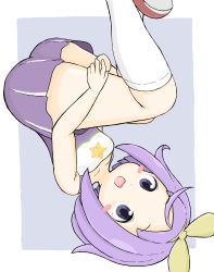 Rule 34 | 1girl, :d, absurdres, bare arms, bare shoulders, blush stickers, breasts, collarbone, commentary request, dress, feet out of frame, forehead, grey background, hair ribbon, highres, hiiragi tsukasa, hugging own legs, kneehighs, lucky star, open mouth, parted bangs, pleated dress, purple dress, purple eyes, purple hair, ribbon, rururu (pyrk8855), sleeveless, sleeveless dress, small breasts, smile, socks, solo, star (symbol), two-tone background, upside-down, white background, white socks, yellow ribbon