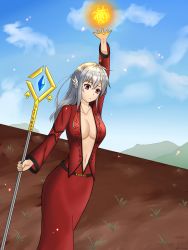 Rule 34 | 1girl, breasts, day, highres, large breasts, lkeris, long hair, looking down, magician, navel, no bra, original, red eyes, silver hair, solo, very long hair, wand