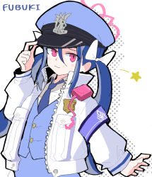 Rule 34 | blue archive, blue hair, fubuki (blue archive), hat, pink eyes, pinkport, police, police hat, police uniform, policewoman, purple armband, simple background, twintails, uniform, white background