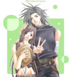 Rule 34 | 00s, 1boy, 1girl, 2000s, bandaged arm, bandages, belt, black hair, blue eyes, blush, brown hair, cowboy hat, facial scar, final fantasy, final fantasy vii, green background, hand on another&#039;s head, hat, height difference, midriff, navel, nibelheim, red eyes, rendezvous, scar, scar on cheek, scar on face, sleeveless, sleeveless turtleneck, smile, square enix, suspenders hanging, tifa lockhart, turtleneck, v, wrist guards, zack fair