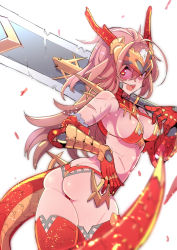 Rule 34 | 1girl, :d, ahoge, armor, armpits, ass, bare shoulders, bikini armor, blurry, breasts, butt crack, character request, commentary request, cowboy shot, depth of field, dragon tail, graphite (medium), hair between eyes, hands up, huge ahoge, long hair, looking at viewer, looking back, medium breasts, mixed media, open mouth, over shoulder, parted bangs, pink hair, red eyes, scar, simple background, skindentation, smile, solo, standing, sword, sword over shoulder, tail, tajima ryuushi, traditional media, weapon, weapon over shoulder, white background