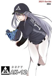 Rule 34 | 1girl, 2021, ak-12 (girls&#039; frontline), artist name, baseball, baseball cap, baseball glove, baseball uniform, black hat, braid, character name, defy (girls&#039; frontline), french braid, girls&#039; frontline, hat, highres, long hair, looking at viewer, one eye closed, open mouth, pants, purple eyes, silver hair, solo, sportswear, standing, standing on one leg, taishi karibe, white background, white pants