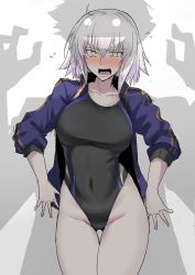 Rule 34 | 1boy, 1girl, :o, adapted costume, against wall, ahoge, black one-piece swimsuit, blue jacket, blush, breasts, collarbone, competition swimsuit, covered navel, cowboy shot, double vertical stripe, embarrassed, evil grin, evil smile, fate/grand order, fate (series), flying sweatdrops, fujimaru ritsuka (male), gluteal fold, gradient background, grey background, grin, groin, hair between eyes, halcon, hands up, high collar, highleg, highleg swimsuit, highres, hip focus, jacket, jeanne d&#039;arc (fate), jeanne d&#039;arc alter (avenger) (fate), jeanne d&#039;arc alter (fate), large breasts, legs together, long sleeves, looking at another, looking at viewer, nervous, nose blush, o o, one-piece swimsuit, open clothes, open jacket, pale skin, pov, shadow, short hair, sketch, smile, standing, swimsuit, swimsuit under clothes, tears, thigh gap, thighs, track jacket, v-shaped eyebrows, white background, white hair, wide-eyed, yellow eyes, you gonna get raped