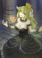 Rule 34 | 1girl, armlet, bare shoulders, black collar, black nails, blonde hair, blue eyes, blurry, bowsette, bracelet, breasts, breath weapon, breathing fire, cleavage, collar, collarbone, column, commentary, crown, dark, depth of field, dress, fire, from above, gown, grin, highres, horns, indoors, jewelry, large breasts, long hair, looking at viewer, looking to the side, mario (series), nail polish, new super mario bros. u deluxe, nintendo, nito (nshtntr), pillar, ponytail, sharp teeth, smile, solo, spiked armlet, spiked bracelet, spiked collar, spiked shell, spiked tail, spikes, standing, strapless, strapless dress, super crown, tail, teeth, turtle shell
