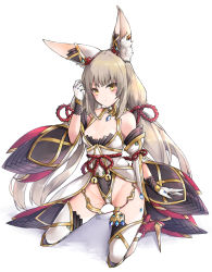 Rule 34 | 1girl, absurdres, animal ears, bare shoulders, breasts, chest jewel, detached sleeves, full body, gloves, highleg, highleg leotard, highres, kneeling, leglus, leotard, long hair, looking at viewer, low twintails, nia (blade) (xenoblade), nia (xenoblade), silver hair, simple background, small breasts, solo, spoilers, thighhighs, twintails, very long hair, white background, white gloves, xenoblade chronicles (series), xenoblade chronicles 2, yellow eyes