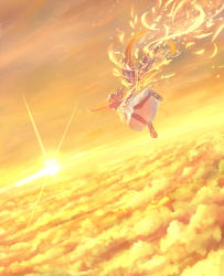 Rule 34 | 1girl, above clouds, ahoge, back, blonde hair, cloud, commentary request, dress, dutch angle, flying, from behind, glowing, lens flare, light particles, long hair, low wings, midair, original, outstretched arms, sakimori (hououbds), scenery, shoe soles, shoes, short sleeves, sky, solo, spread arms, sun, upskirt, wings, yellow sky, yellow theme
