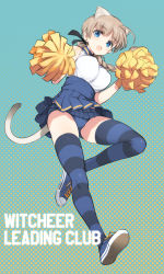 Rule 34 | 1girl, alternate costume, blue eyes, braid, breasts, brown hair, cheerleader, from below, holding, holding pom poms, large breasts, looking at viewer, lynette bishop, miniskirt, pleated skirt, pom pom (cheerleading), pom poms, shimada fumikane, shoes, single braid, skindentation, skirt, sneakers, solo, strike witches, thighhighs, world witches series