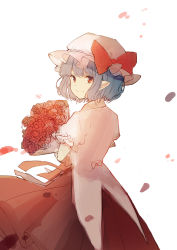 Rule 34 | 1girl, blue hair, bouquet, bow, closed mouth, collared shirt, cowboy shot, dress, dress shirt, flower, from behind, ginryuu, hat, hat bow, highres, holding, holding bouquet, looking at viewer, looking back, mob cap, petals, pointy ears, puffy short sleeves, puffy sleeves, red bow, red dress, red eyes, red flower, red rose, remilia scarlet, rose, shirt, short hair, short sleeves, simple background, skirt, skirt set, smile, solo, touhou, twisted neck, white background, white shirt, wind