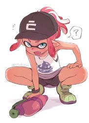 Rule 34 | 1girl, ?, arm support, armpits, artist name, baseball cap, bike shorts, blue eyes, blush, bracelet, fang, hat, high ponytail, inkling, inkling girl, inkling player character, jewelry, light blush, looking at viewer, nintendo, open mouth, pink hair, pointy ears, ponytail, shoes, shorts, shorts under skirt, simple background, sneakers, solo, splatoon (series), splattershot (splatoon), spoken question mark, squatting, tan, tank top, tanline, tentacle hair, ter (otokoter), twitter username, undershirt, white background